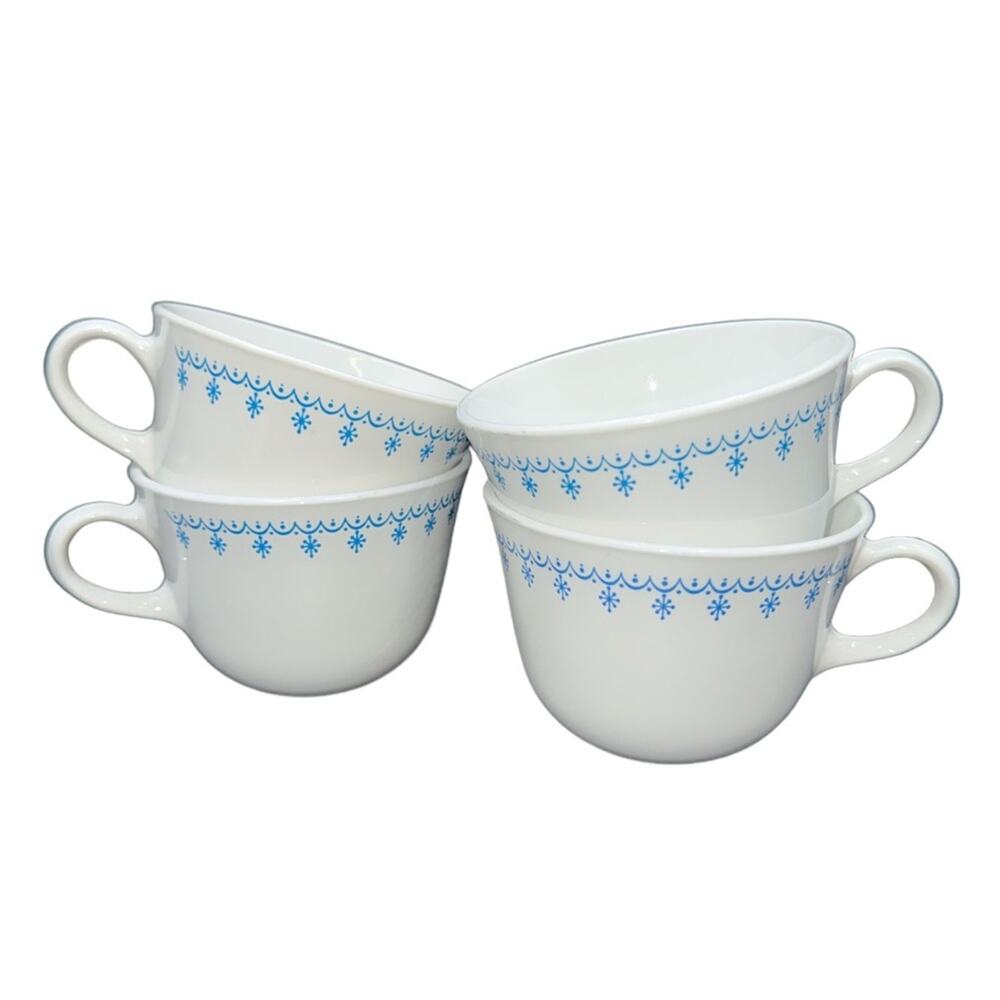 X4 Vintage Corelle Livingware Blue Garland Snowflake Tea Cup Mugs holiday kitsch